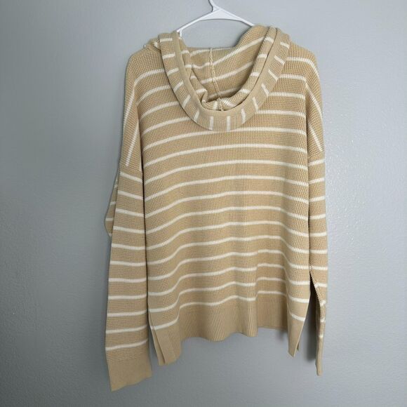 Gap Women's Hooded Sweater Size XL Waffle Knit Carmel White Stripe Beach - Picture 2 of 9